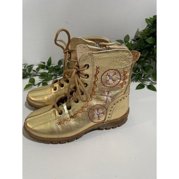 Gold Leather Embroidered Lace-Up Boots Made In Italy By Y. Iacovelli Size 28 Kid - Picture 4 of 13